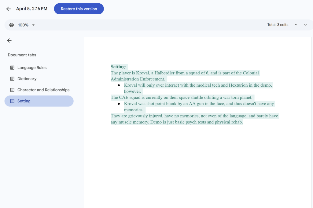 Screenshot of a document editing interface with notes about a game setting, detailing a character named Kroval and aspects of the game environment.