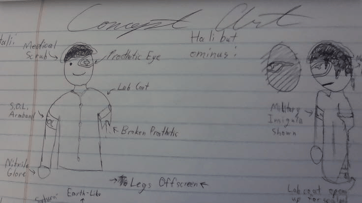 Sketch of a character in a lab coat with an ocular prosthetic eye, labeled as 'medical scrub'. The character is also shown with a broken prosthetic limb and the legs off-screen. Additional annotations indicate elements like 'S.O.L. Armband' and 'Military insignia'.