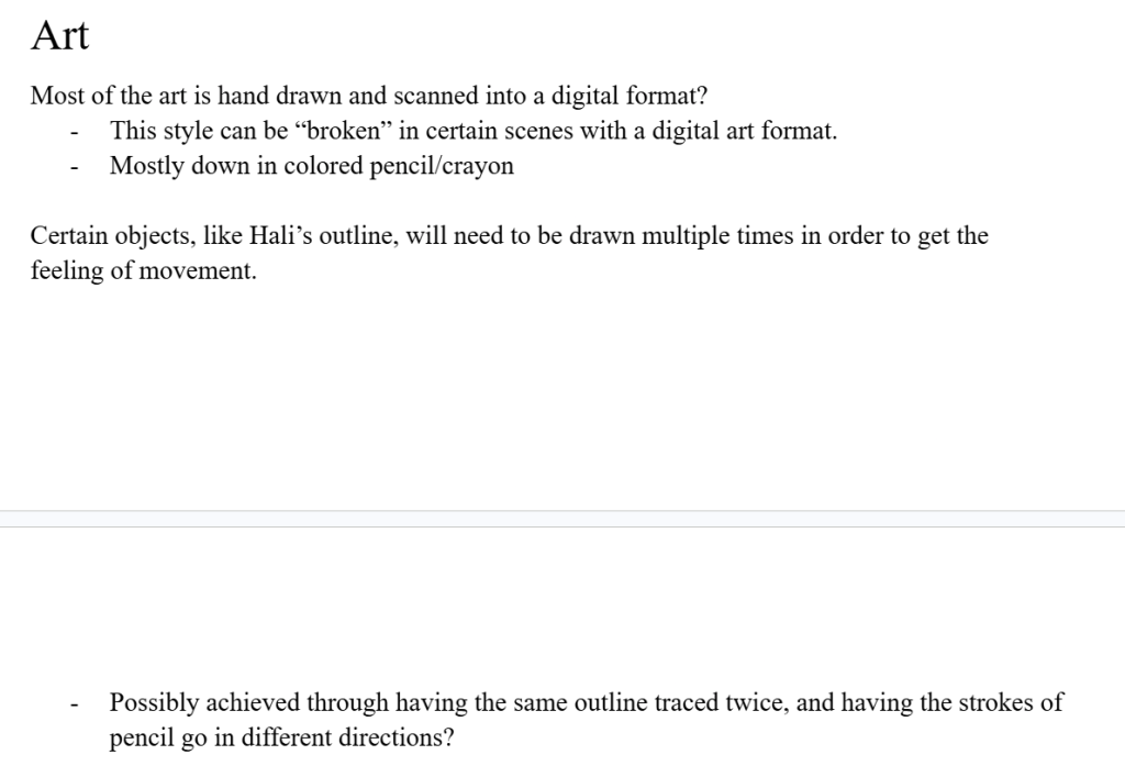Text discussing the art style that is primarily hand-drawn, scanned into a digital format, and created with colored pencils or crayons.
