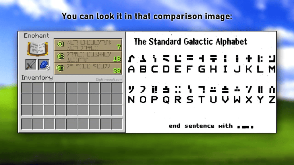 An image featuring a Minecraft enchantment menu on the left and the Standard Galactic Alphabet chart on the right, displaying letters A to Z, with instructions below.